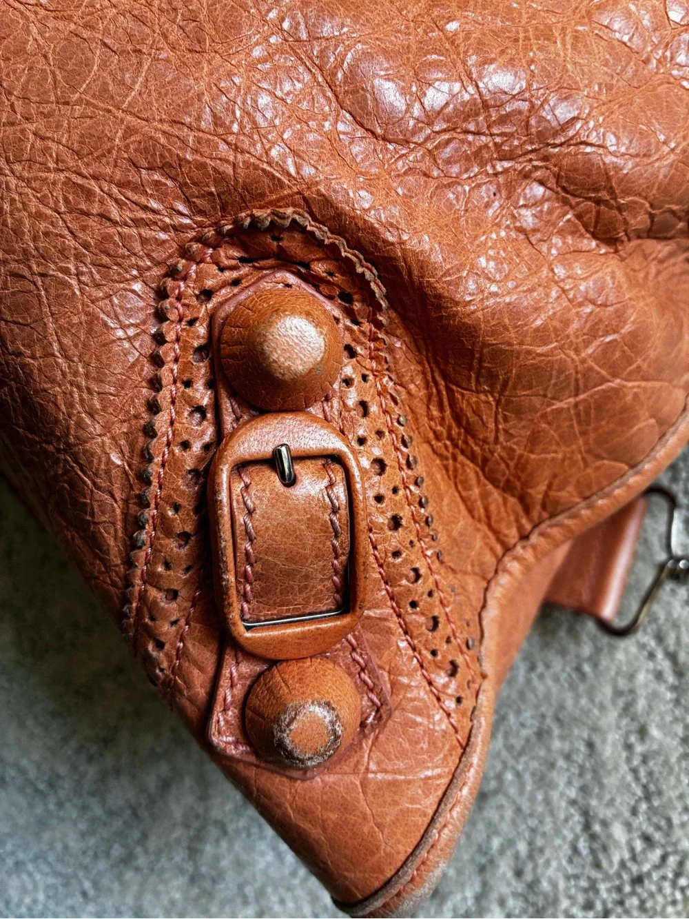 Authentic Balenciaga  City Lace-trimmed Motorcycle Bag– Orange Distressed Leat
